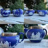 Vintage Signed Epns Wedgewood Blue White 3 Piece Tea Pot Cup Set Made in England