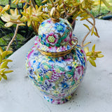 Vintage Hand Painted ACF Hong Kong Multi Color Floral Flower Gold Vase Jar w Lid
