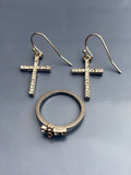 Silver Tone Cross White Rhinestone Religious Pierced Earring Ring Size 6.5 Set
