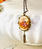 Signed Fragonard Victorian Couple Ceramic Cameo Painted Locket Chain Necklace