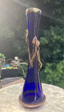 Vintage Large Tall Blue Cobalt Art Glass w Copper Floral Accents Vase
