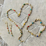 Multi Color Rainbow Enamel Gold Tone Link Necklace Bracelet Earrings Jewelry Set