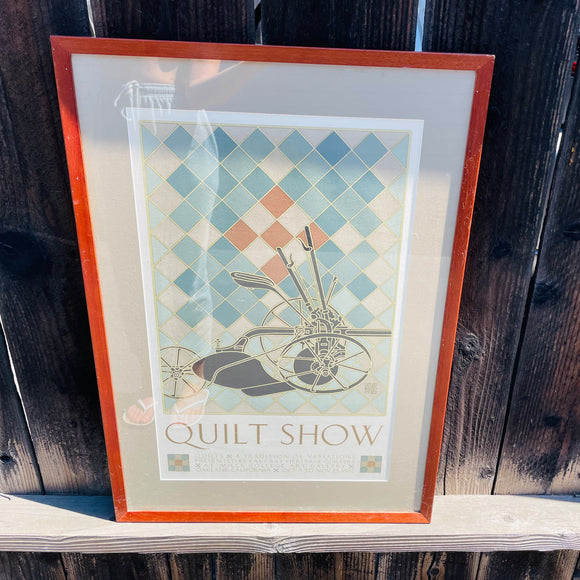 Vintage Oakland CA Quilt Show Checkered Blue Tone Art Poster Framed