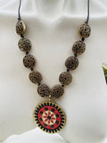 Vintage Artisan Metal Gold Tone Red Mandala Bead Necklace