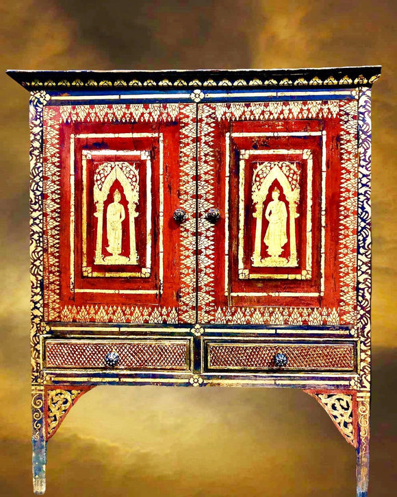 Antique Thai Buddhist Hand Painted Red & Gold Leaf Buddha Design Wood Cabinet Spiritual Altar
