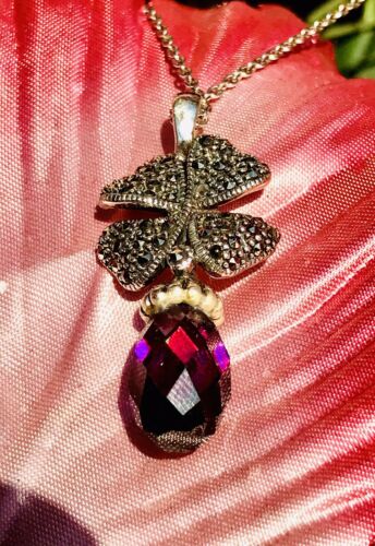 Vintage 925 Sterling Silver Marcasite 4 Leaf Clover + Purple Glass Necklace