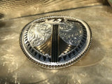 Vintage Silver Plate “F” Etched Montana Silver Smiths 2 Tone + Black Belt Buckle
