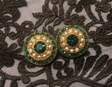 Antique French Vintage Gold Tone Faux Pearl Green Rhinestone Circle Clip On Earrings Made in France