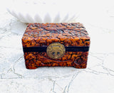 Vintage Relief Floral Bird Art Wood Carved Brass Red Felt Jewelry Trinket Box