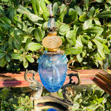 Vintage Blue Gold Tone Art Glass w Brass Stand Functional Oil Lamp Light w Wick