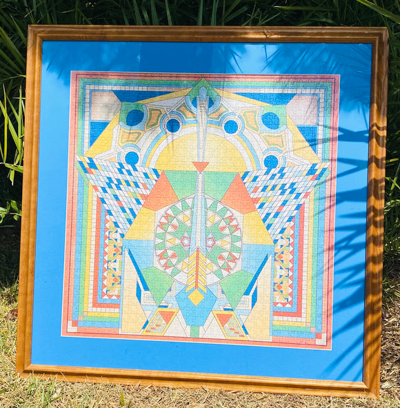 Vintage Blue Tone Multicolor Jigsaw Mandala Puzzle in Wood Frame Wall Art Decor