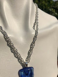 Unique Extra Large Deep Blue Art Glass Ribbed Pendant Silver Tone Necklace