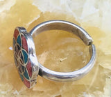 Vintage Flower of Life Sterling Silver 950 Turquoise Coral Lapis Adjustable Ring