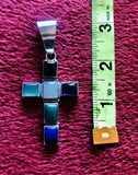 Vintage Designer Sterling Silver Cross Multi Stone Onyx Lapis Amethyst Pendant