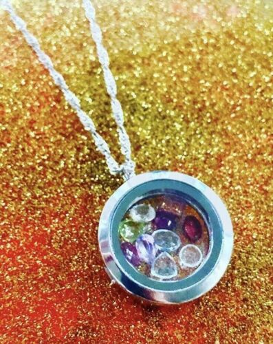 Faceted Precious Stones Floating In Shaker Locket & Sterling Silver 925 Necklace