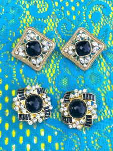 Vintage Goldtone Black + White Crystal Rhinestone Clip On Earrings Set of 2