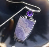 Vintage Native American Signed Gary 925 Sterling Silver Purple Agate + Amethyst Necklace