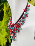 Vintage Faux Turquoise Stone & Coral Beaded Choker Collar Bib Statement Necklace