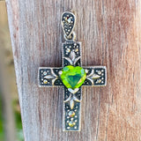 Sterling Silver 925 Peridot Green Stone Marcasite Cross Heart Charm Pendant 3.3g