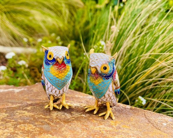 Vintage Gold Tone Rainbow Multi Color Cloisonne Enamel Owl Pair Owls Set of 2