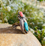 Native American DJN Signed Turquoise Coral Gold Tone Feather 8.67g Ring 8.25