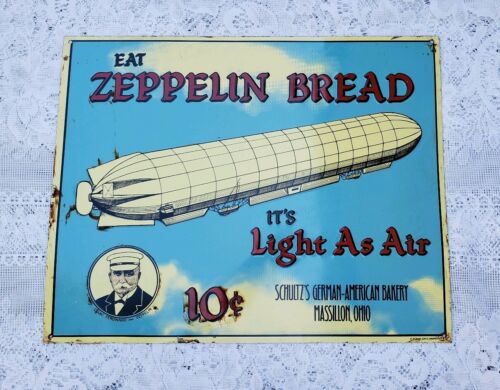 Vintage Zeppelin Bread Embossed Metal Sign schultz German American Bakery Ohio