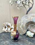 Vintage Gold Overlay Purple Glass Art Floral Painted Flower Japanese Decor Vase