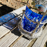 Silver Tone Ornate Bohemian Cobalt Blue Glass Pickle Jar Castor w Lid & Tongs