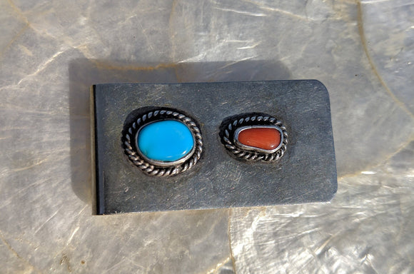 Vintage Native American Turquoise & Coral Stainless Steel Money Clip