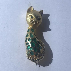 Unique Vintage Rhinestone Green And Gold Tone Cat Brooch Pin