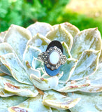 Antique Art Deco Sterling Silver Marcasite Black Onyx & Opal Stone Ring Size 7