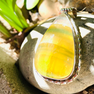 Vtg Sterling Silver 925 Rare Yellow Fluorite Gem Stone Teardrop Pendant 51.7g