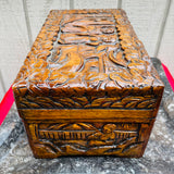 Vintage Relief Hand Carved Wood Brass Ornate Floral Folk Art Trinket Jewelry Box