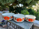 Vtg Sanko Ware Show Pans Nesting Mixing Bowls Enamel Metal Orange Poppy Set Of 3