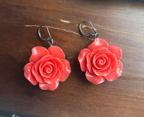 Sterling Silver Posts Ornate Coral Red Orange Rose Pierced Earrings