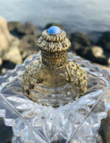 Vintage Ornate Art Deco Blue Stone Goldtone Glass Petite Perfume Bottle