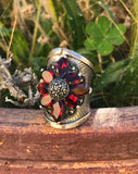 Sterling Silver Signed 925 Marcasite Red Garnet Stone Flower Ring 17g Size 5.5