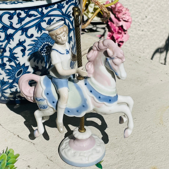 Vintage Signed 1990 Paul Sebastian English Porcelain Boy Riding Horse Carousel