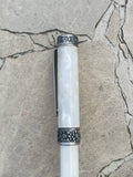 Vintage Silver Tone Mother of Pearl Ornate Filigree Sun Flower Motif 2 Pens Set