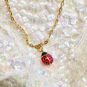 Designer Joan Rivers Gold Tone Fashion Link Necklace Red Enamel Ladybug Pendant