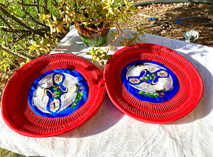 Korean Crane Embroidered Red & Blue Bird Round Pillow Cases Cover Set Handmade