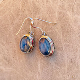 Sterling Silver 925 Blue Fluorite Gem Stone Bali Oval Dangle Drop Earrings 6.9g