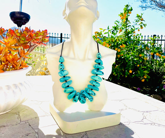 Large Statement Chunky Blue Teal Faux Turquoise Stone Necklace