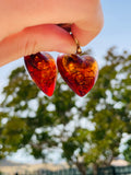 Vintage Amber Gold Tone Large Stone Heart Shape Ornate Dangle Earrings 20.3g
