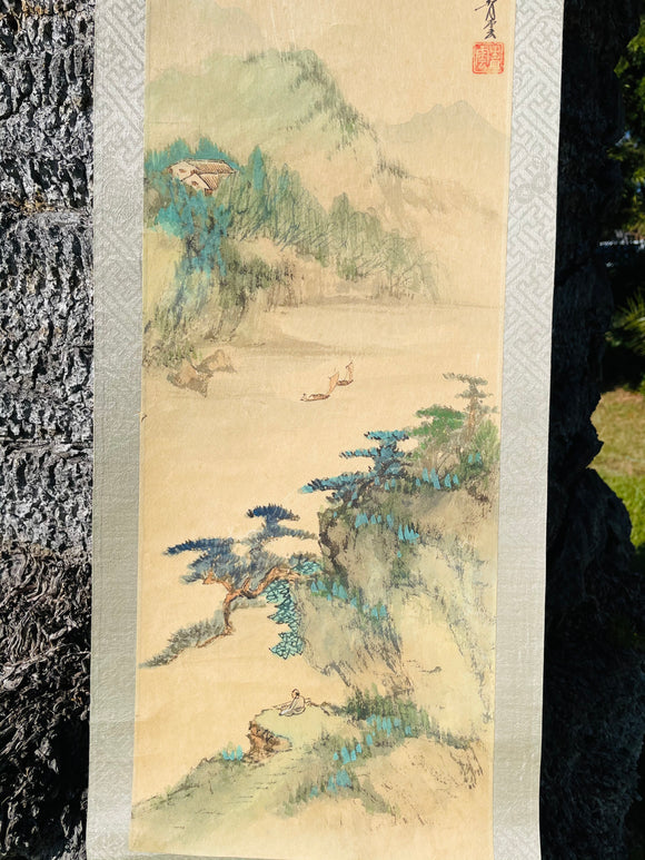 Original Vintage Hand Painted Asian Artist Signed Scroll On Silk Wall Art HK