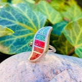 Sterling Silver Signed 925 Mosaic Long S Turquoise Stone Coral Ring Size 6.5