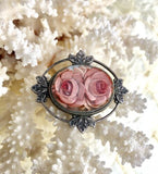 Antique Carved Pink Rose Flower Lucite Resin Silver Tone Brooch Pin