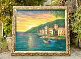 Original Oil Painting Signed By L. Haus Ocean Coastal Town Gold Framed Art