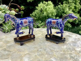 Rare Vintage Chinese Cloisonne Enamel Horse Figurine Carved Wood Stand Set of 2