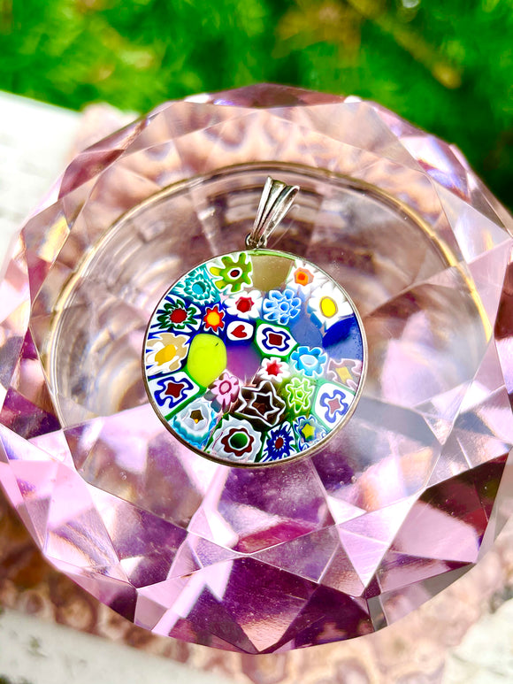 Italian Millefiori Floral Multicolor Heart Art Glass Pendant Sterling Silver 925